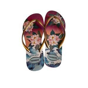 Women’s Havianas Sandals‎ Thongs FlipFlops, Gold Topical Flowers, Size 11 VGUC